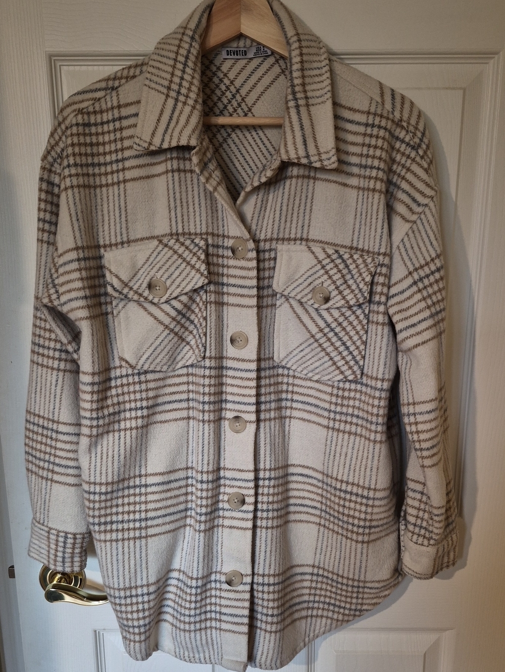 DEVOTED By DEX Cream Brown Gray Plaid Button-Front Shacket